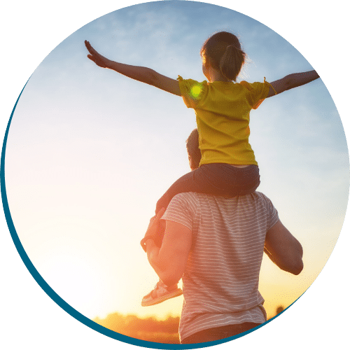Oval Image Copy 2 Father carrying daughter on shoulders at sunset representing family security and personal insurance package options.