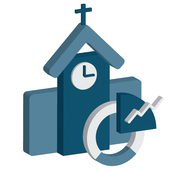 Church building icon with clock, cross, and financial growth symbols, representing investment solutions for churches and schools.