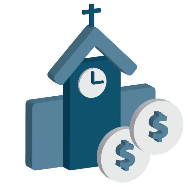 Iconic church building with clock and dollar signs, representing financial services for churches and schools by ACS Financial.