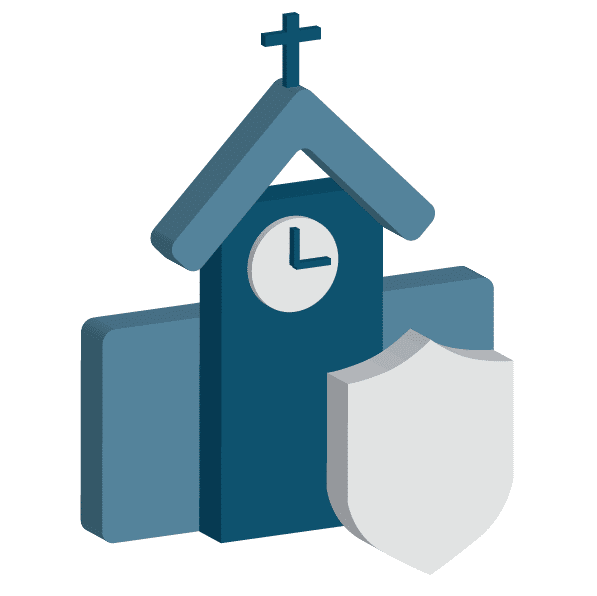 Icon of a church with a clock and a shield, symbolising school insurance and protection for Christian schools, reflecting ACS Financial's tailored insurance solutions.