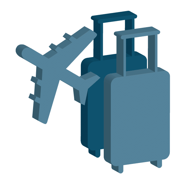 Iconic representation of an airplane and two suitcases symbolising corporate travel insurance services offered by ACS Financial.