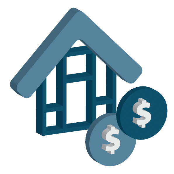 Lending - Construction Loans Iconic house structure with dollar coins, representing business lending and financing for commercial property investment.