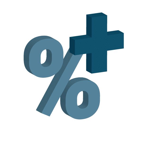 3D graphic of a percentage symbol with a plus sign, representing better interest rates and refinancing options for church loans in Australia.