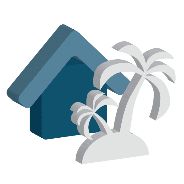Short term Rental Icon of a house with palm trees, representing short-term holiday rental insurance solutions offered by ACS Financial.