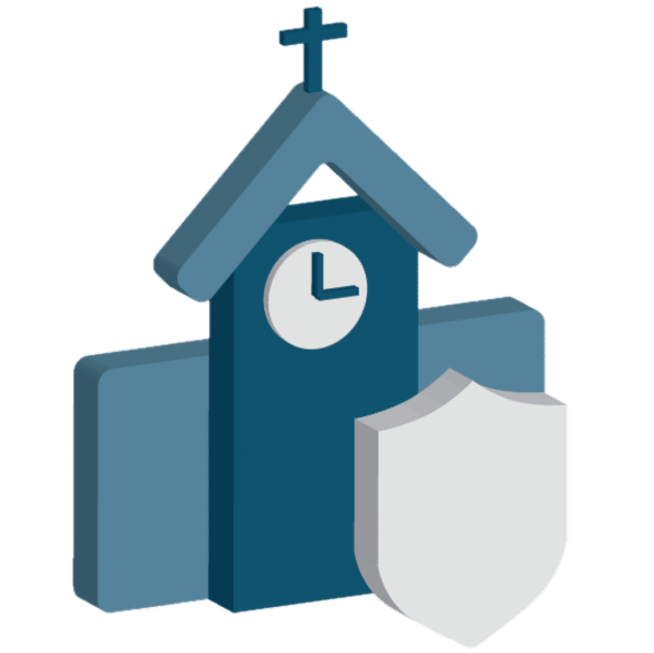 Church building icon with clock and shield symbolizing insurance and child protection services for Christian ministries.