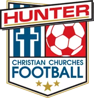 hunter-logo Hunter Christian Churches Football logo featuring a cross, soccer ball, and stars, symbolizing community and sportsmanship in Christian schools.