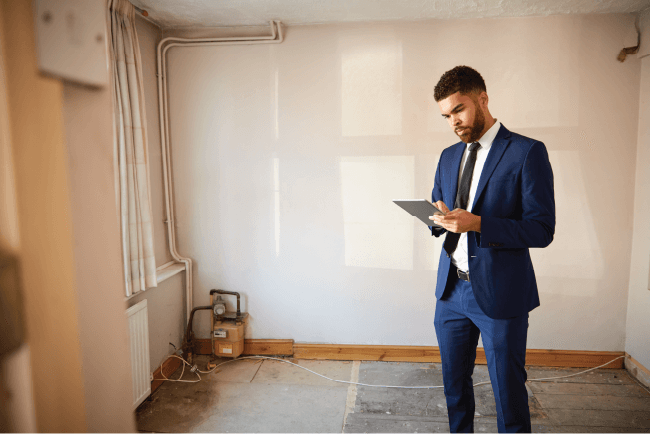 Real estate professional inspecting an empty building room, exploring property damage and underinsurance risks.