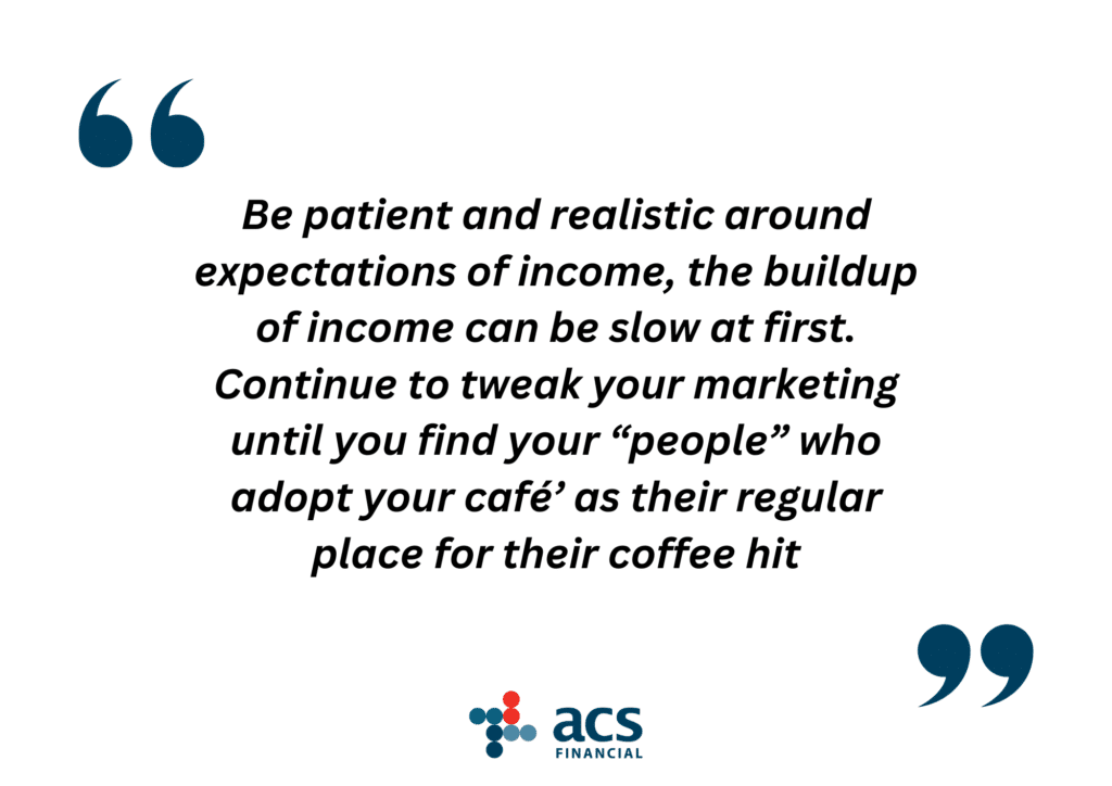Financial expectation strategy chart with quote marks for ministry operated coffee shops and cafes.