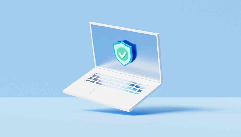 Floating laptop with a digital padlock shield symbol on screen, representing ministry cyber security protection.