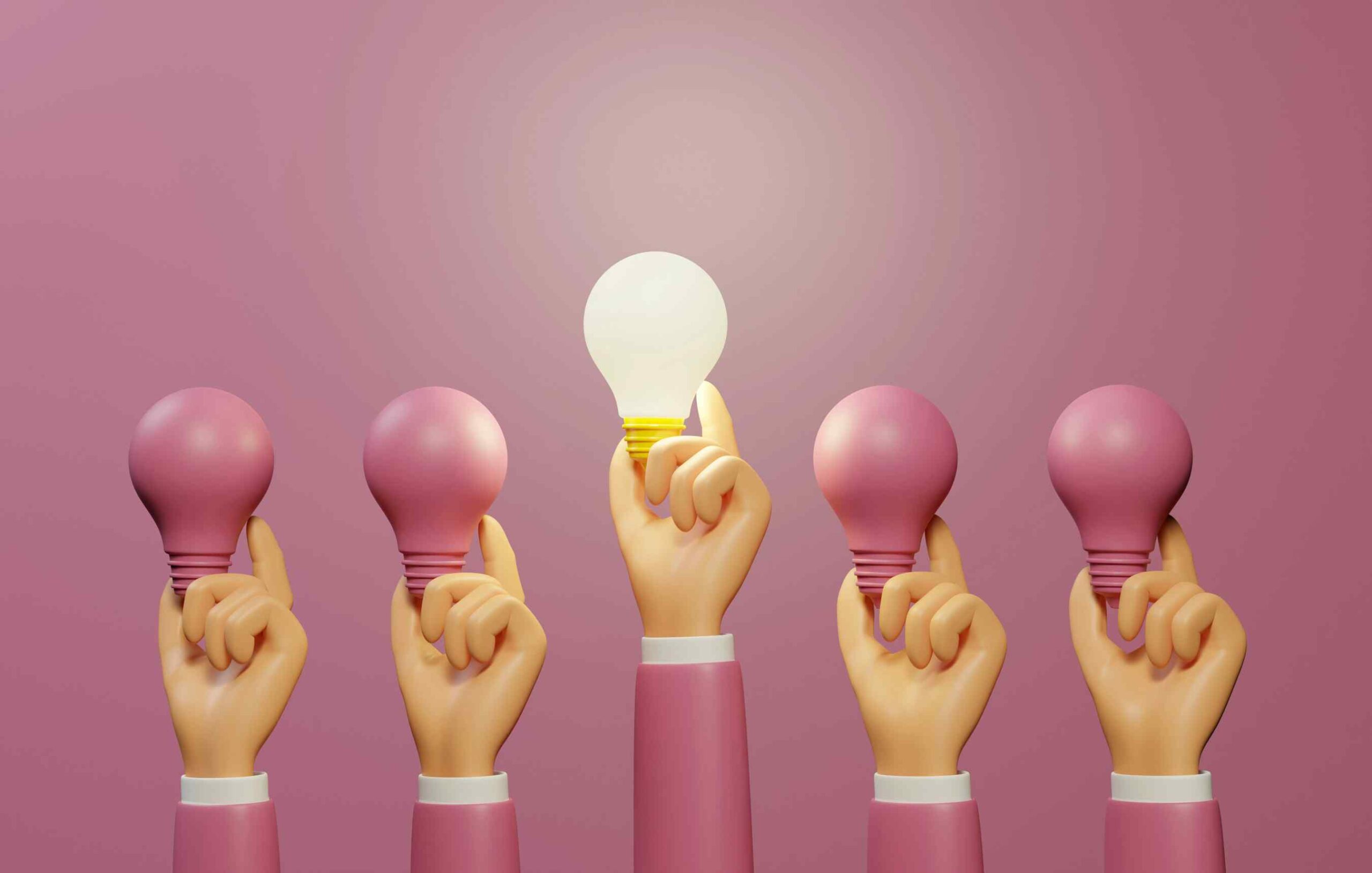Row of hands holding pink light bulbs with one glowing white bulb in the center, representing charity insurance ideas.