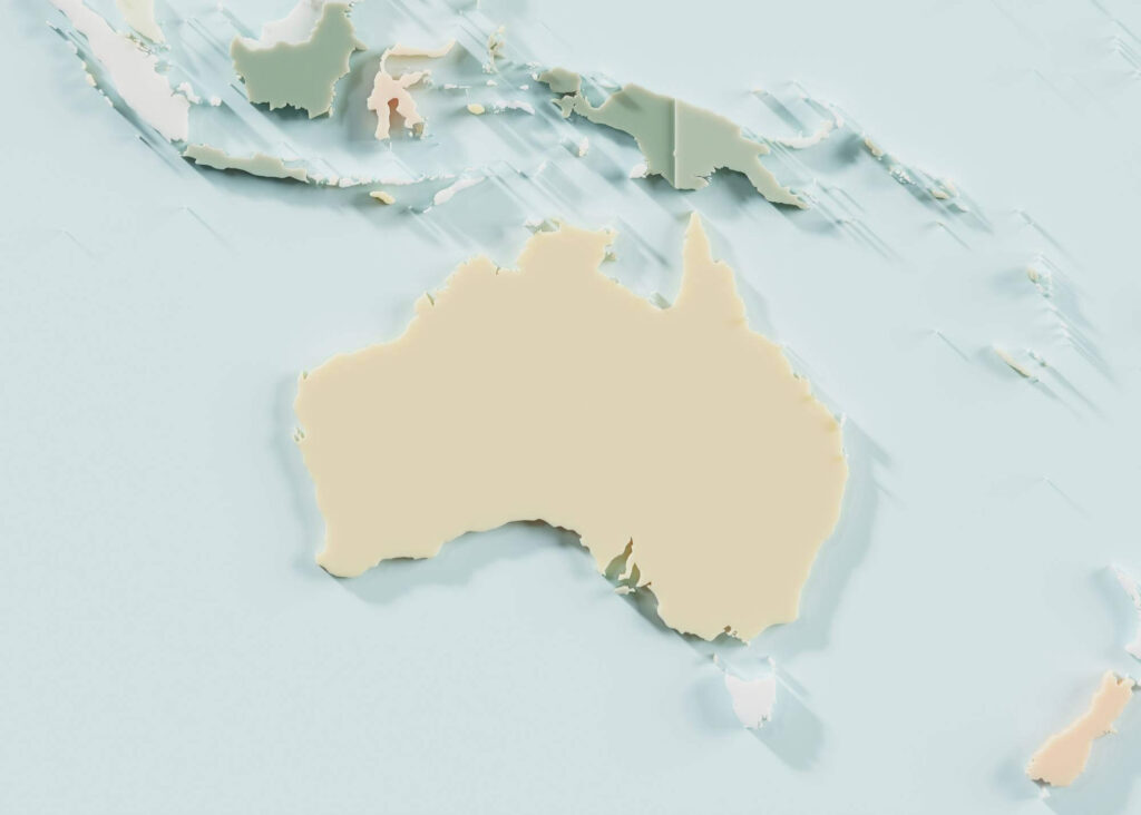 Map of Australia and surrounding regions representing national church insurance coverage and risk guide services.