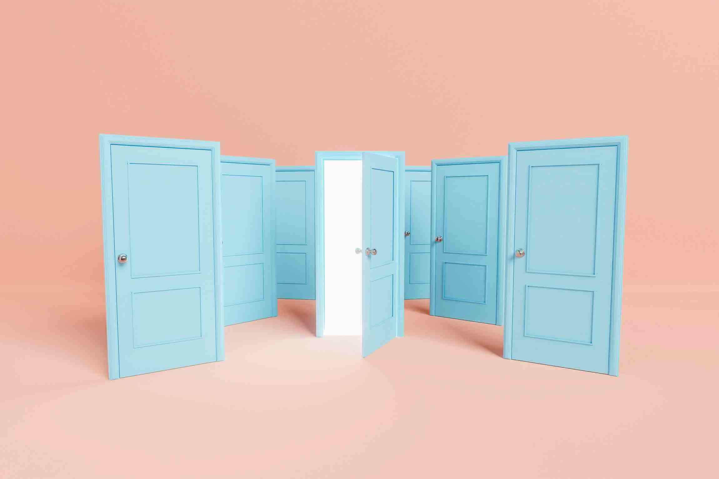 Array of light blue doors arranged in a circle with one open door shining bright, illustrating ministry loan options.